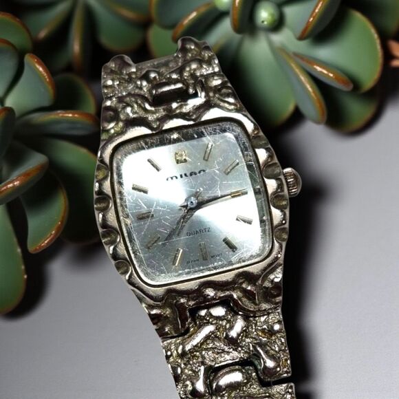Vintage Milan Quartz Watch Silver Nugget Band Japan Movement Diamond Chip - Picture 1 of 7